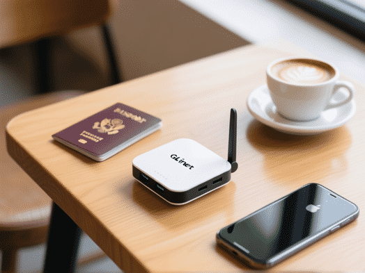 A sleek, compact travel router (like a GL.iNet model) sitting on a wooden cafe table next to a passport, a coffee cup
