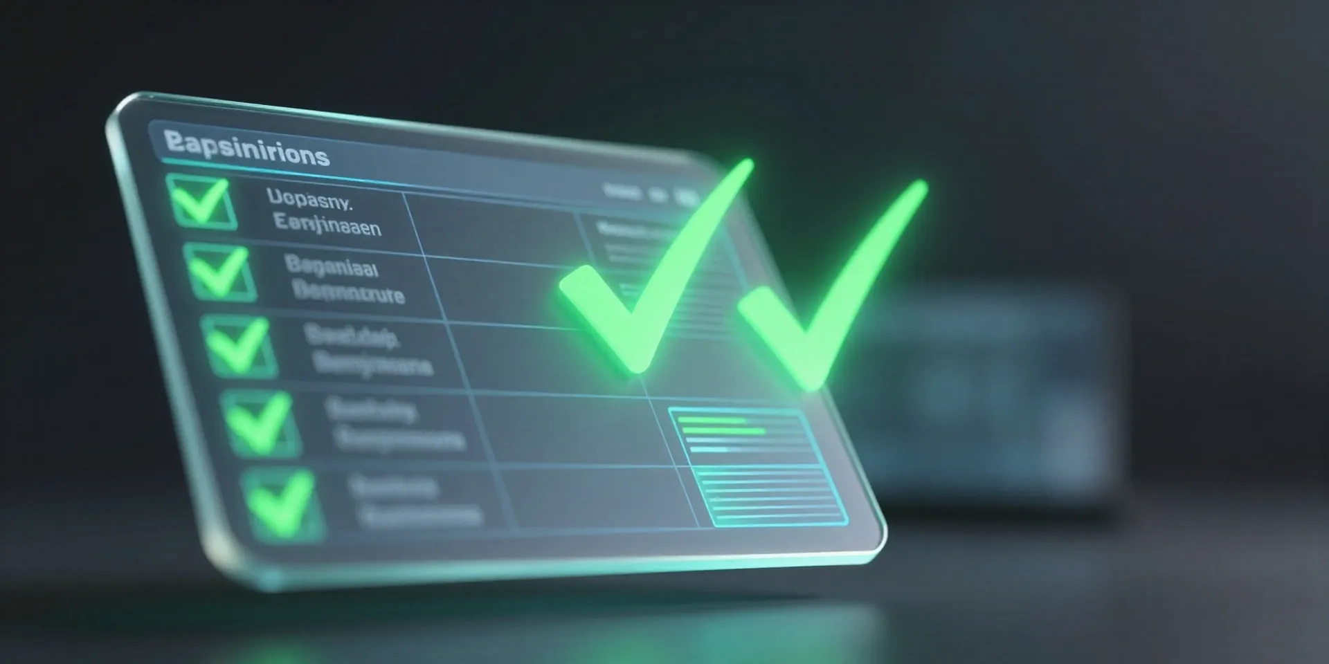 UI design concept floating in mid-air, futuristic holographic database spreadsheet with glowing green checkmarks, cyberpunk