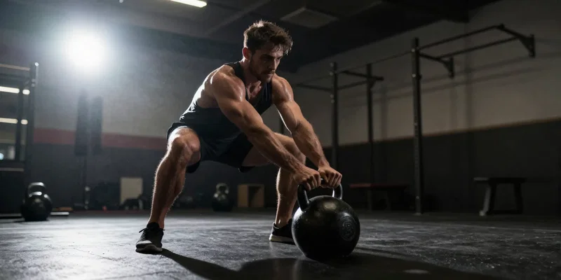 Midjourney prompt: Dynamic low-angle shot from the gym floor, a man performing kettlebell swings. Silhouetted against bright gym lights, sweat mist in the air, emphasis on muscle tension and motion blur. Moody, high-contrast, raw fitness vibe