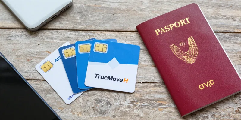 Clean product shot from above on a weathered wooden table. Four different Thai SIM cards (AIS, TrueMove H, dtac) fanned out next to a smartphone and a passport. Minimalist, bright natural light, focused on the card designs and logos.