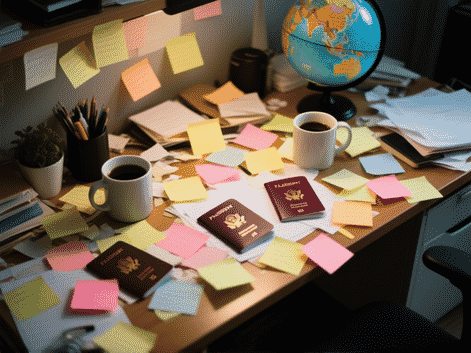 overhead shot of a messy desk covered in post-it notes, passports, coffee mugs, and a globe, cinematic lighting, shallow depth of field --ar 16:9 --style raw