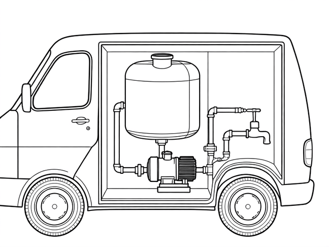 A cross-section illustration of a van water system, showing freshwater tank, pump, pipes, and faucet, technical drawing style, clean lines, educational