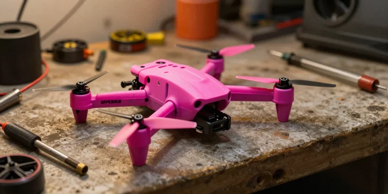 A rugged neon pink 5 inch FPV drone propeller resting on a dirty workbench surrounded by tools, soldering iron, and spare brushless motors, warm garage lighting, ultra-detailed, photorealistic --ar 16:9 --v 6.0