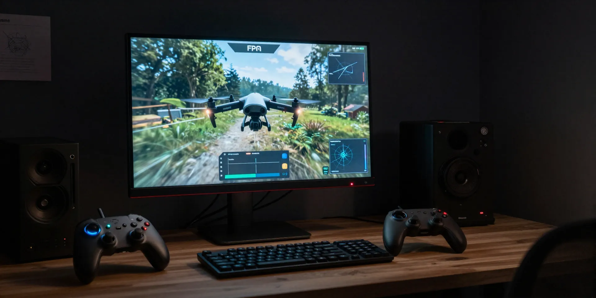 A glowing computer monitor showing an FPV drone simulator interface in a dark messy gamer room, glowing radio controller on the desk, cinematic shadows, photorealistic --ar 16:9