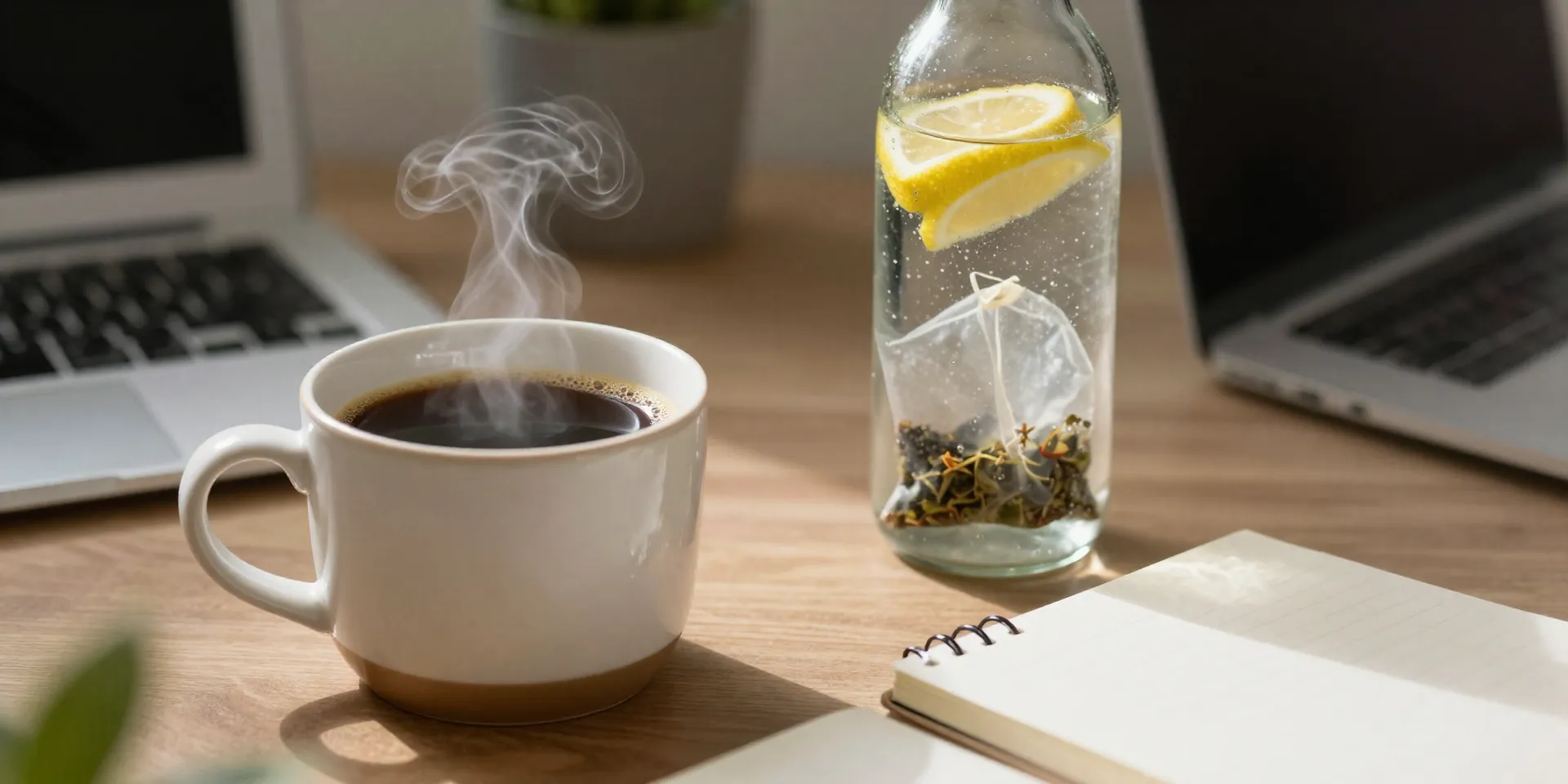 Midjourney prompt: Close-up shot on a stylish desk: a ceramic mug of black coffee steaming, a fancy glass bottle of sparkling water with lemon, a herbal tea bag next to a notebook, shallow depth of field, warm office lighting, realistic texture --ar 16:9 --v 6.0