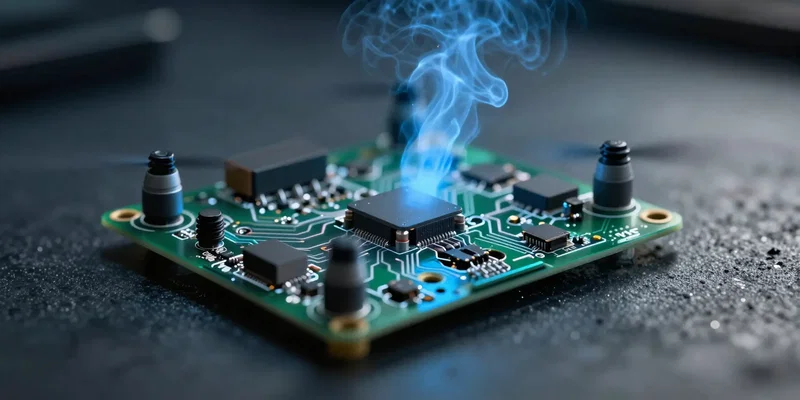 A drone circuit board emitting a tiny wisp of blue smoke, dramatic lighting, subtle sparks, macro lens, cyberpunk aesthetic, ultra-detailed --ar 16:9