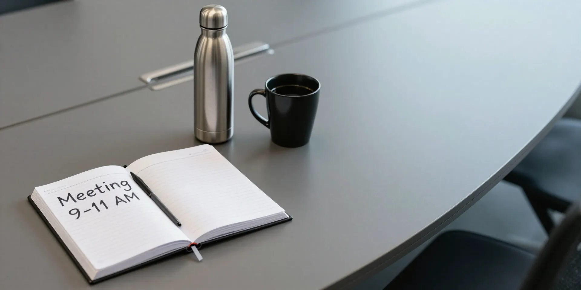 Midjourney prompt: Top-down shot of a sleek conference room table, an open planner shows 'Meeting 9-11 AM', a sleek metal water bottle and black coffee cup next to it, minimalist, focused