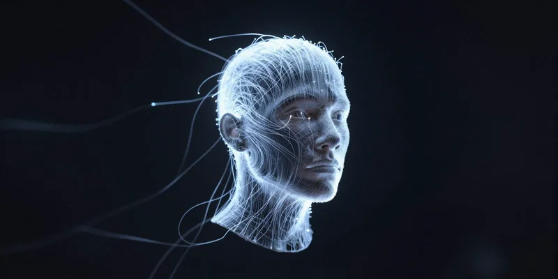 A glowing, disconnected human head floating in a dark digital space, tethered by thin, fragile fiber-optic cables. The cables are beginning to fray. Cyberpunk aesthetic, melancholic. --ar 16:9 --style raw --v 6.0