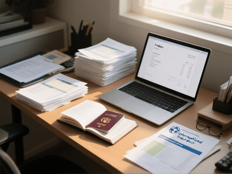 Stable Diffusion Prompt: An overhead desk shot, organized chaos. A passport is open, next to neatly stacked bank statements, a laptop showing a freelance invoice, and international health insurance documents. Soft morning light. Cinematic, detailed, tangible. --ar 16:9