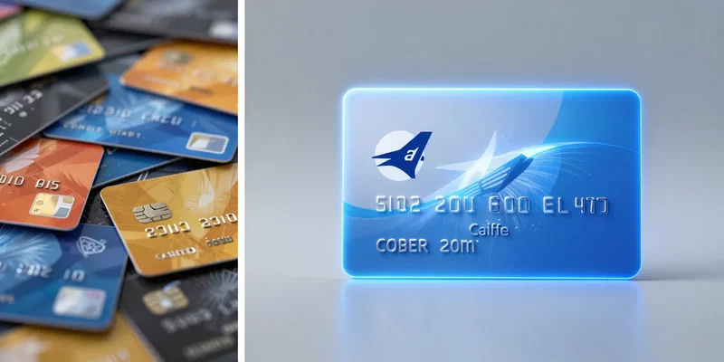A split screen. Left side: a confusing pile of colorful credit cards. Right side: a single prominent card with an airline logo, focused and clear. Conceptual digital art, clean lines, glowing effect on the chosen card.