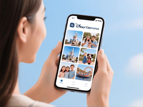 A woman's hands holding a smartphone, screen showing the My Disney Experience app with a grid of beautiful, family photos
