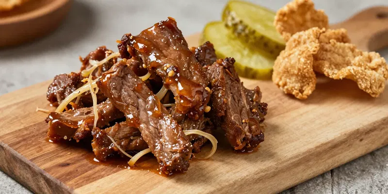 Generous pile of succulent, slow-cooked pulled pork on a wooden cutting board, strands of meat glistening with sauce, side of crispy pork rinds and pickles on kraft paper, rustic setting, shallow focus