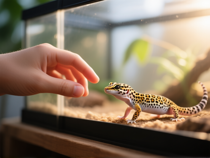 A macro, realistic photograph of a human hand slowly approaching a curious leopard gecko in its terrarium. Soft morning light. Warm mood. Photorealistic, high detail. --ar 16:9