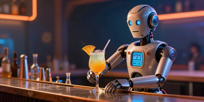 A sleek retro-futuristic robot bartender serving a glowing digital cocktail, cyberpunk aesthetic, vivid orange and blue lighting, highly detailed --ar 16:9