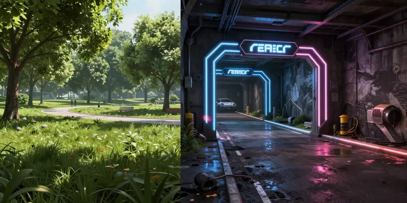 Split screen aesthetic, left side showing a lush realistic digital park, right side showing a gritty underground drone racing track with glowing neon gates, Unreal Engine 5 render style --ar 16:9