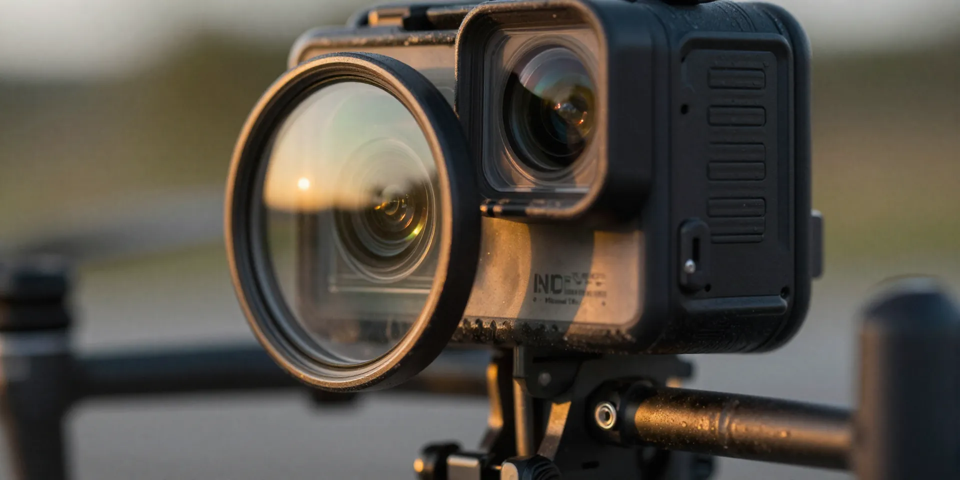 Close up macro photography of an ND filter being twisted onto a small action camera mounted on an FPV drone, golden hour light reflecting off the glass lens, highly detailed, photorealistic, cinematic depth of field --ar 16:9 --v 6.0