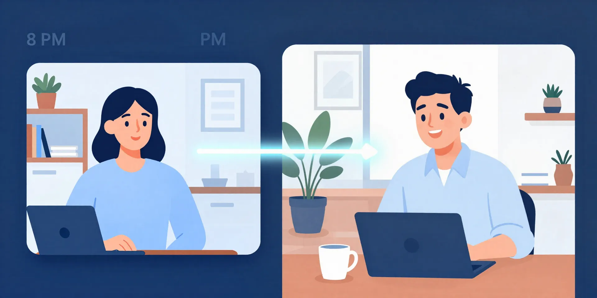 Split-screen concept. Left side: A focused professional on a video call in a modern Taipei apartment at 8 PM, screen glowing. Right side: A colleague smiling in a sunny European home office at 1 PM. A glowing line connects them. Style: digital art, clean vectors, duotone color scheme, illustrative --ar 16:9