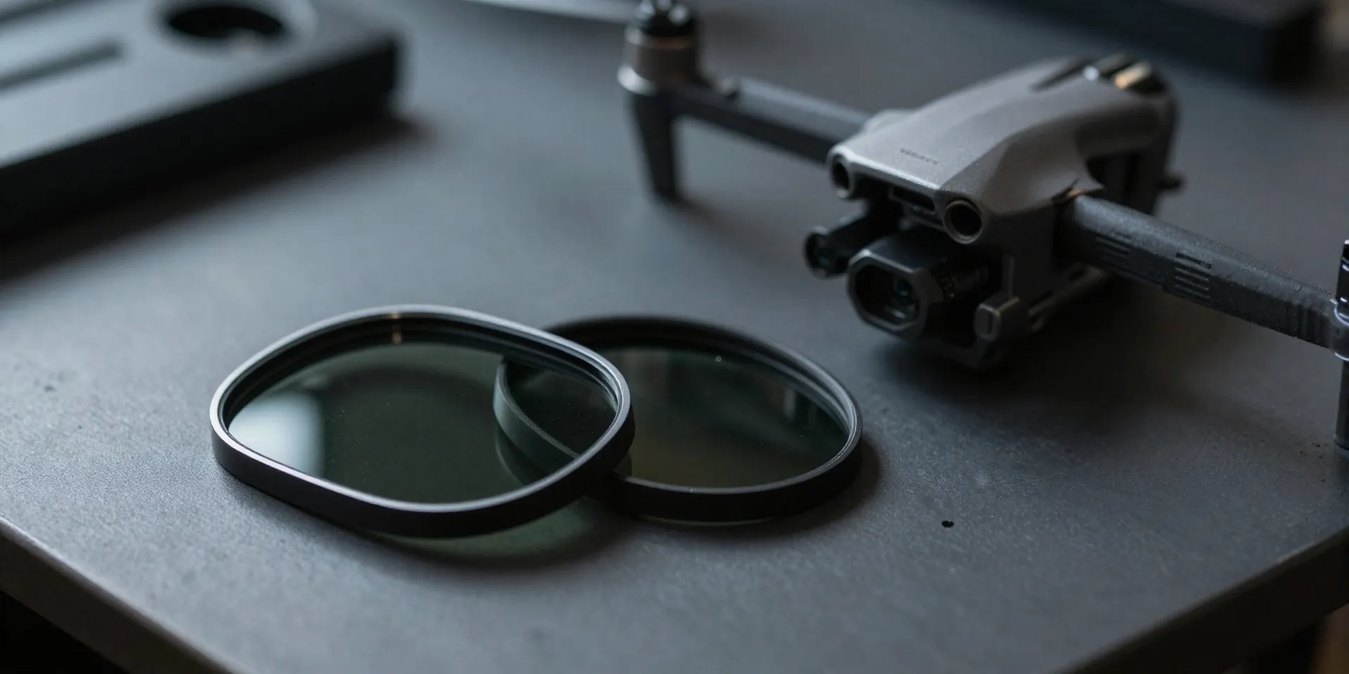 A pair of sleek dark glass ND filters resting next to an FPV drone motor on a workbench, moody cinematic studio lighting, macro photography, highly detailed --ar 16:9