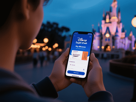 Extreme close-up, person's hands holding a smartphone, screen shows the My Disney Experience app interface, tickets linked