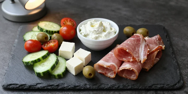 Midjourney prompt: A stylish black slate board on a desk, artfully arranged with slices of cucumber, cherry tomatoes, olives, cubes of feta cheese, rolled-up ham slices, and a small cup of garlicky tzatziki dip, overhead shot, natural light from a desk lamp, food blogger aesthetic --ar 16:9