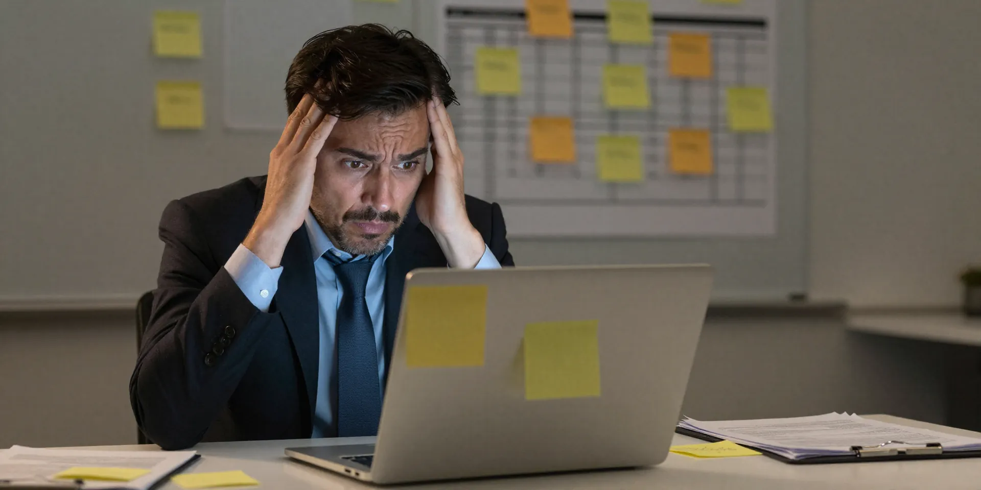 A frustrated agency owner staring at a messy spreadsheet on a glowing laptop, surrounded by scattered post-it notes, dramatic lighting, cinematic photography --ar 16:9