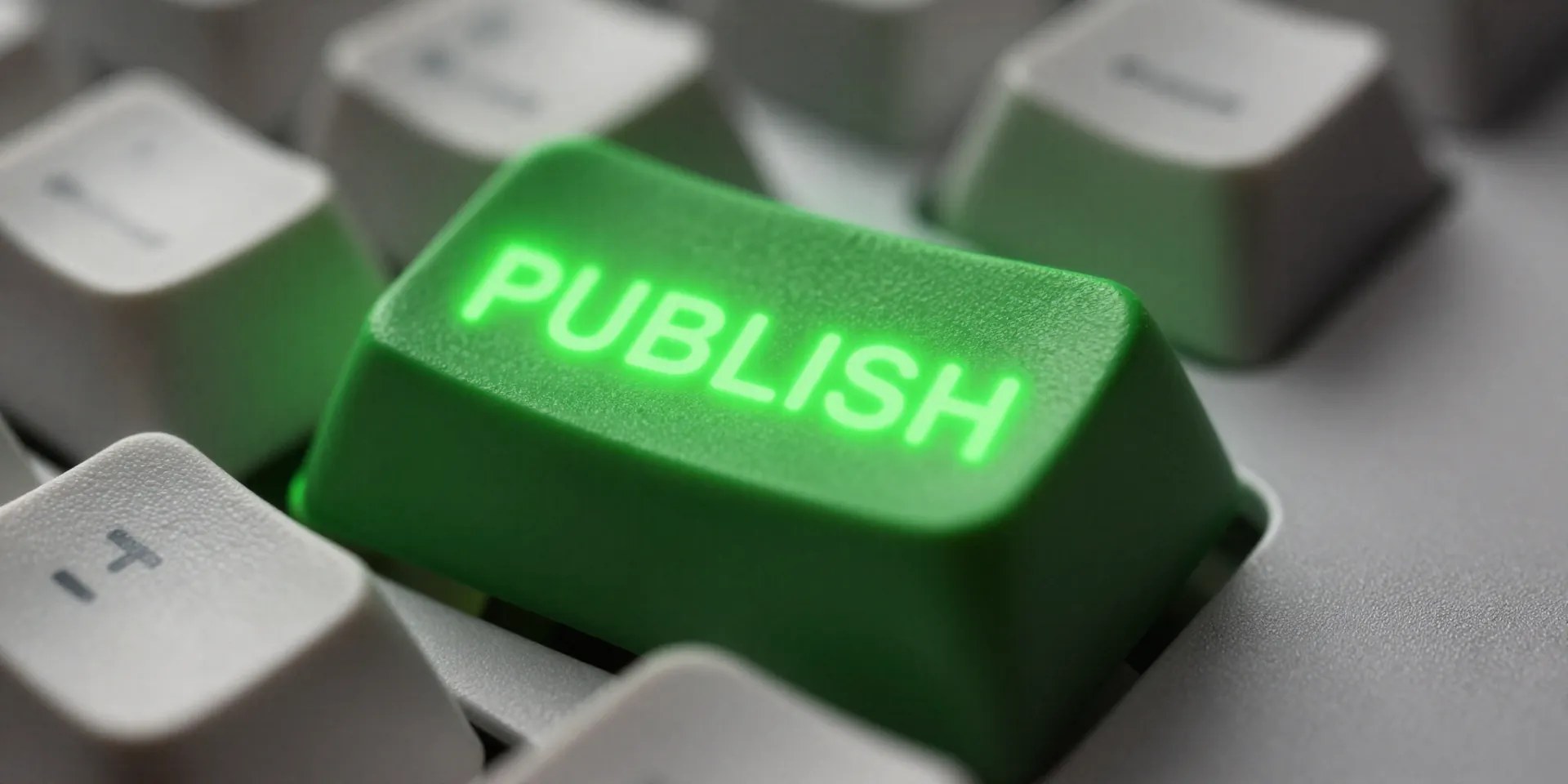 Macro photography of a mechanical keyboard keycap labeled PUBLISH glowing bright neon green, shallow depth of field, sharp focus, cinematic lighting