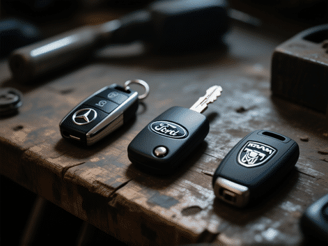 AI Image Prompt: A moody, close-up shot of three sets of car keys on a worn wooden workbench. One key fob has a Mercedes logo, one a Ford logo, one a Ram logo. Dramatic overhead lighting creating shadows, shallow depth of field. --ar 4:5 --style raw