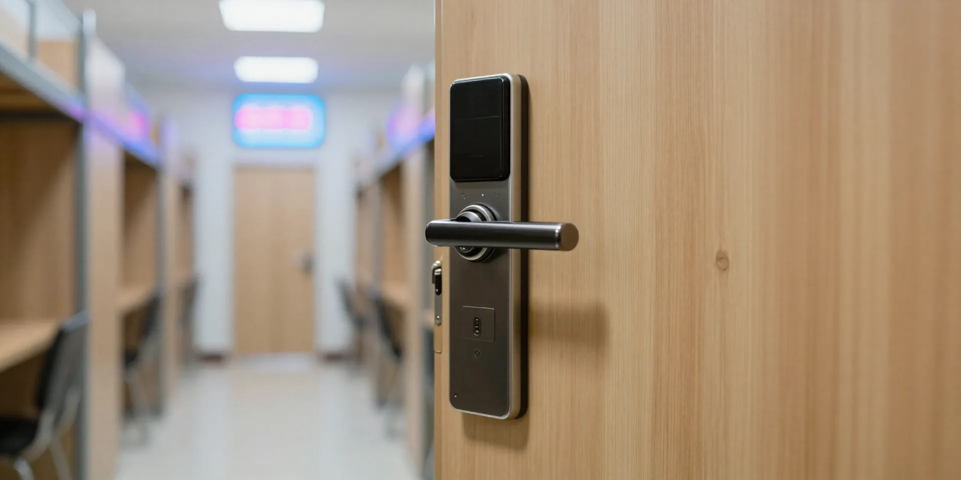 Close up of a modern electronic keycard tapping against a sleek wooden door handle in a brightly lit, chic hostel corridor. Neon signs blurred in the background, sharp focus on the lock, editorial style photography --ar 16:9