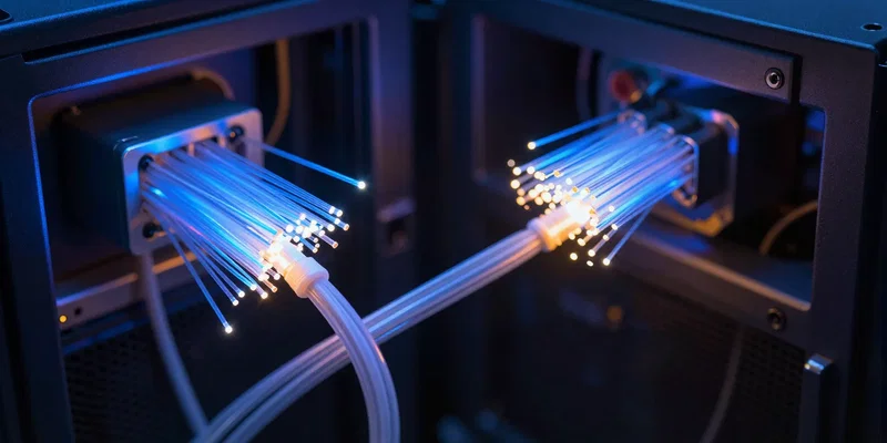 Glowing digital fiber optic cables connecting two futuristic servers, macro photography, shallow depth of field, neon blue and orange light, tech aesthetic --ar 16:9