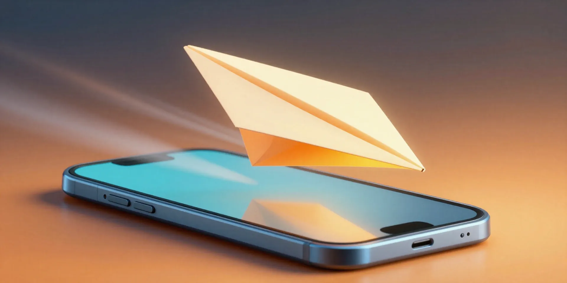 Glowing digital paper airplane flying out of a smartphone screen, energetic motion blur, vibrant orange and cyan color palette, 3d render, octane render --ar 16:9