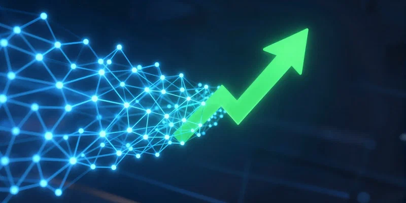 Visual metaphor: A complex, intricate network of glowing blue data nodes and connections on the left, smoothly transforming into a simple, clean green arrow pointing upwards on a financial chart on the right. The transition is fluid and beautiful. Cinematic lighting. Stable Diffusion XL.