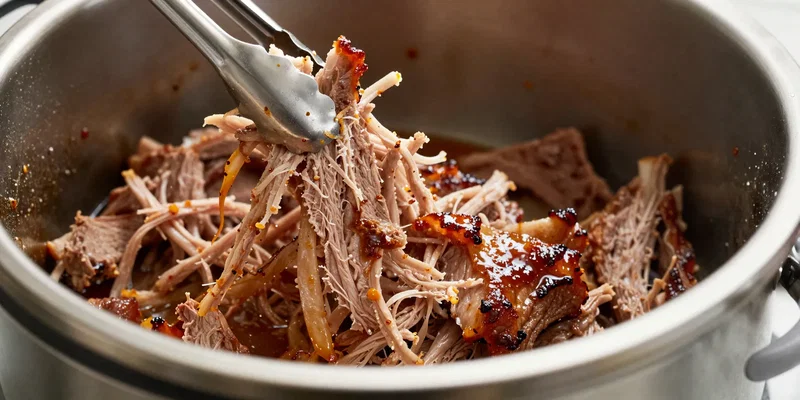 Midjourney Prompt: Close-up of juicy, perfectly shredded pork shoulder in a stainless steel Instant Pot inner pot. The meat is glistening with a savory, sugar-free barbecue-style rub. A pair of tongs is pulling apart a succulent strand. Mood: succulent, satisfying, effortless. Style: Macro photography, extreme detail on texture. --ar 16:9