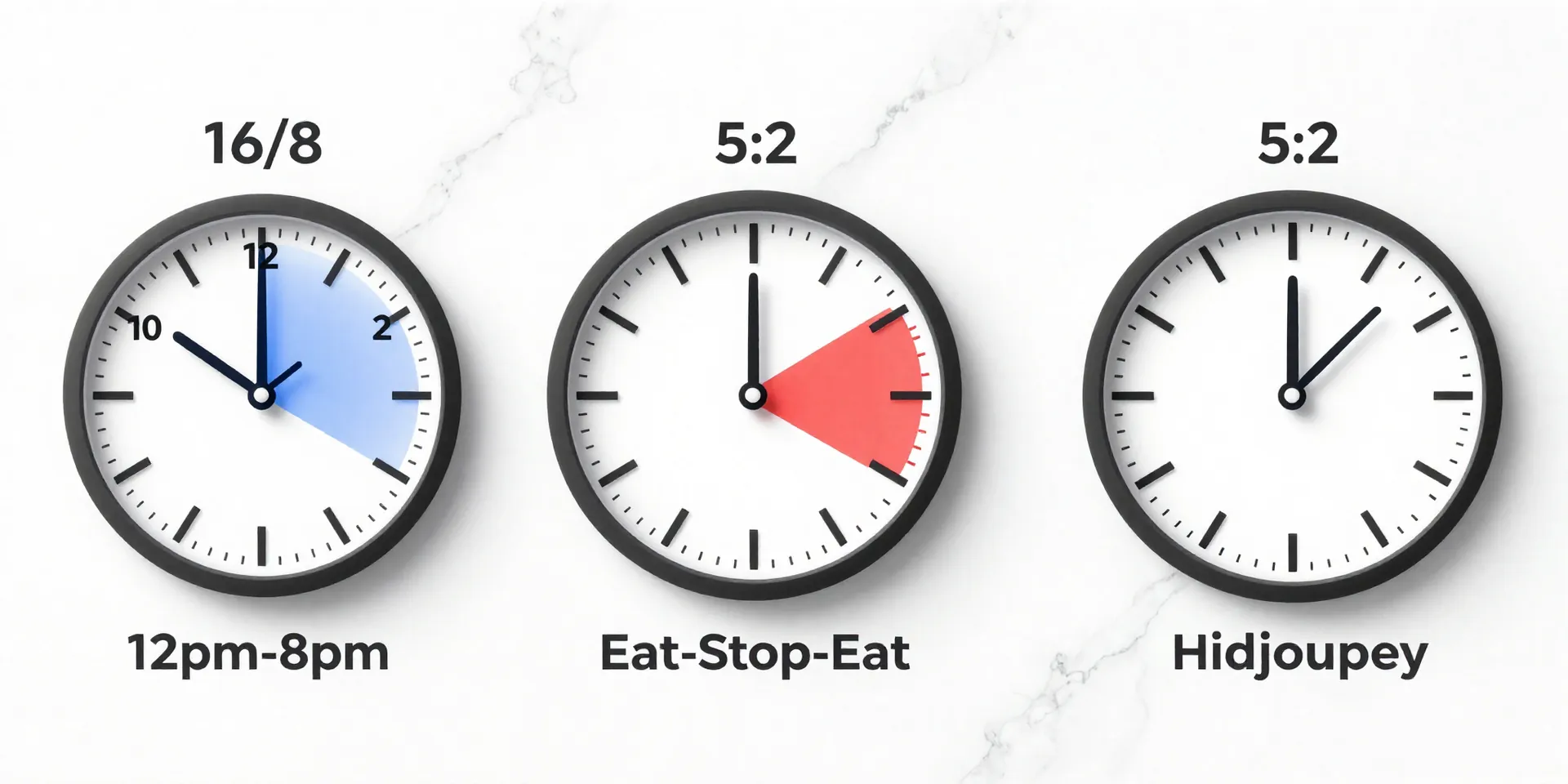 Midjourney prompt: Clean, minimalist infographic art of three simple fasting clocks on a white marble background. Clock 1: '16/8' with an eating window highlighted in blue (12pm-8pm). Clock 2: 'Eat-Stop-Eat' with one 24-hour period shaded red. Clock 3: '5:2' with two low-calorie days marked. Flat design, sharp shadows, elegant typography. --ar 4:3 --style raw --v 6.0