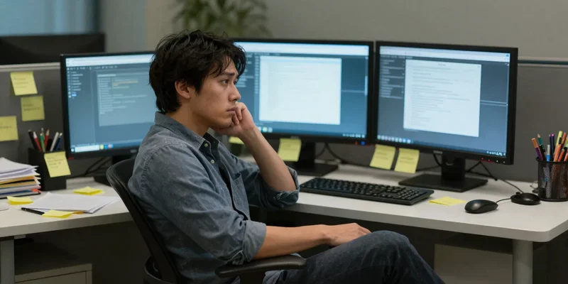 An exhausted office worker sitting at a messy desk piled with sticky notes, staring blankly at two computer monitors, cinematic lighting, hyper-realistic --ar 16:9