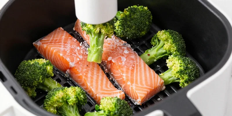 Close-up, culinary photography of frozen salmon fillets and frozen broccoli going straight into an air fryer basket, ice crystals visible, top-down shot, high contrast, sharp focus, dynamic action