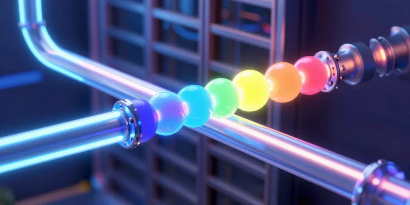 A sleek, glowing neon pipe transferring bright colorful energy spheres into a structured modern grid database, cyberpunk aesthetic, 3d render, octane render --ar 16:9