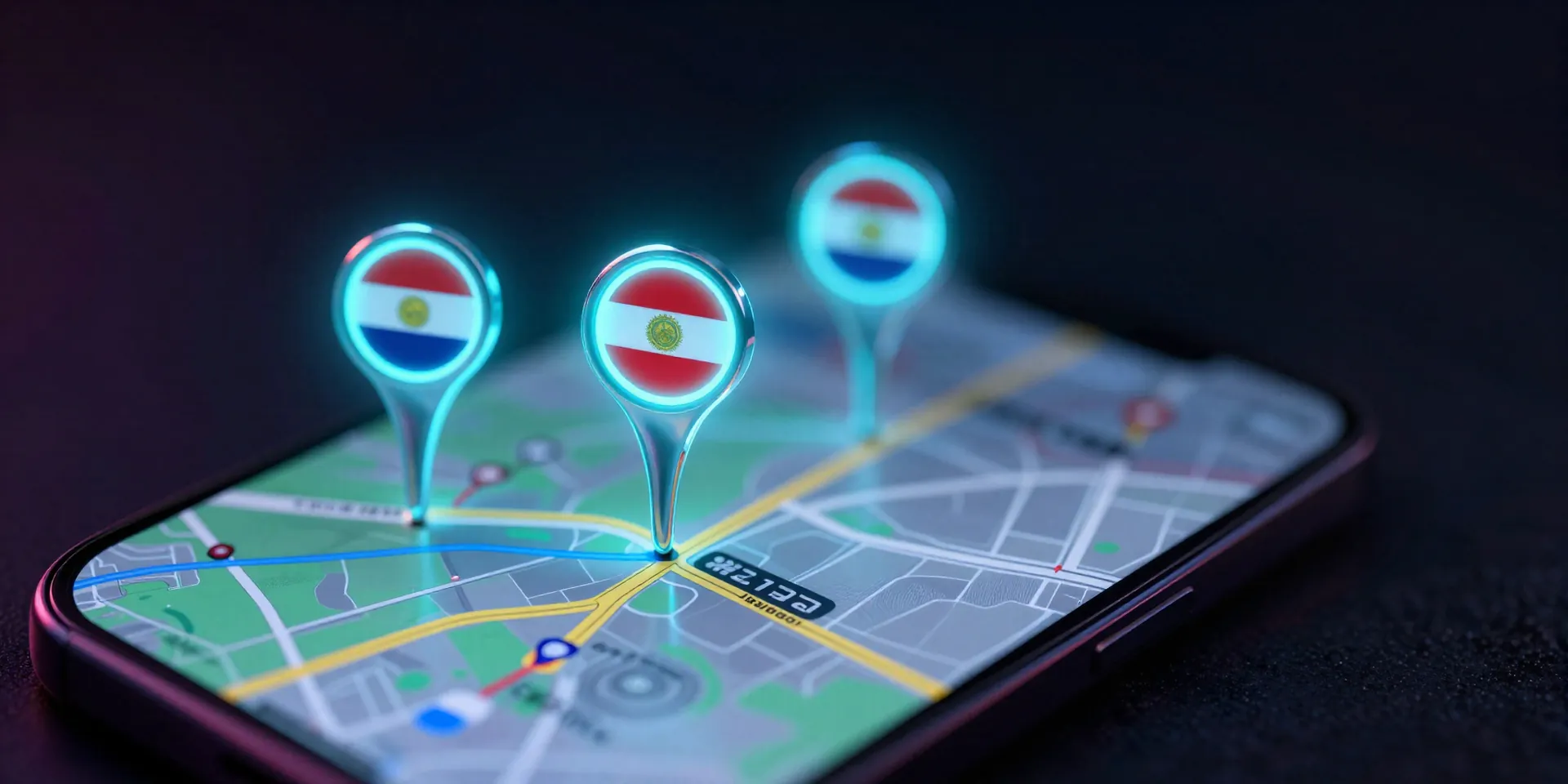 Close up of a smartphone screen showing a map with glowing race flag pins, dark moody background with neon accents, cyberpunk vibe, photorealistic --ar 16:9