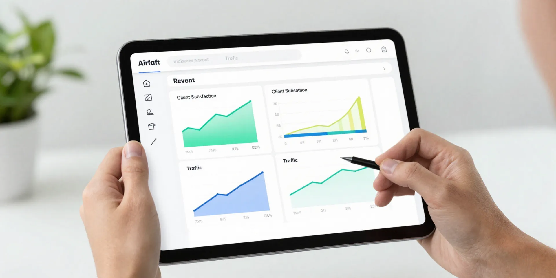 Midjourney Prompt: A clean, modern Airtable base or dashboard interface on a tablet screen, held by confident hands. The view is over-the-shoulder. The dashboard shows vibrant, simple charts for Revenue, Client Satisfaction, and Traffic Growth. The background is a bright, airy office with a plant. Style is hyperrealistic, focus on the screen and hands, shallow depth of field, bright and optimistic lighting.