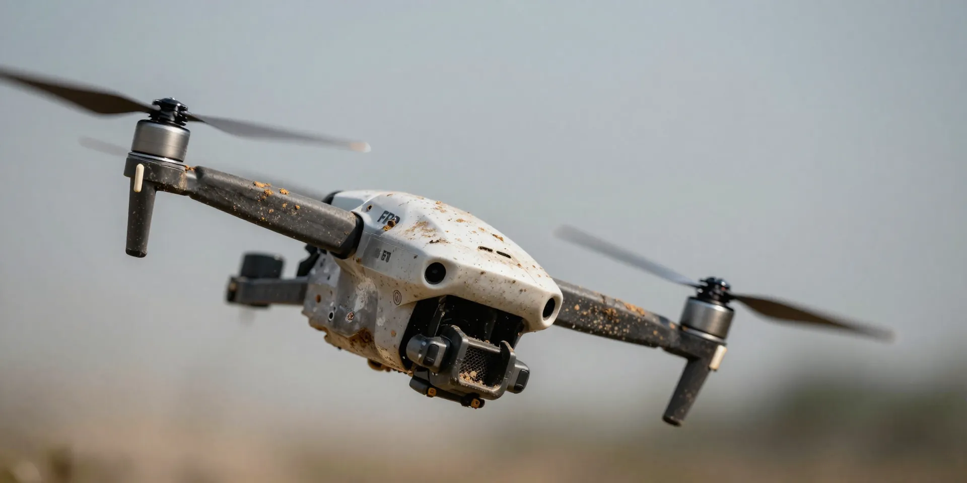 Close up of a dirty FPV drone flipping itself over in slow motion, dirt flying off the spinning propellers. Dynamic action shot, motion blur on the props, high contrast, gritty realism, 35mm photography --ar 16:9