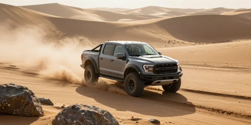 FPV drone view flying parallel to an off-road Ford Raptor speeding through desert sand dunes, side profile, heavy dust trail, golden hour sunlight flaring through the dust, motion blur on the foreground rocks, hyper-detailed --ar 16:9 --v 6.0