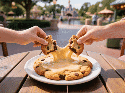 Rustic wooden table at a Disney park. Two hands pulling apart a massive, gooey, shareable cookie the size of a plate. Scenic