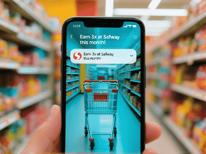 A smartphone screen glowing in a grocery store aisle, showing a sleek app interface with a message: 'Earn 3x at Safeway this
