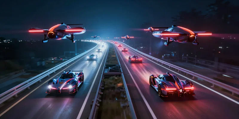 A futuristic multi-lane glowing highway in the sky, neon racing drones zooming past each other in distinct colored lanes, dynamic action shot, cinematic lighting --ar 16:9 --v 6.0