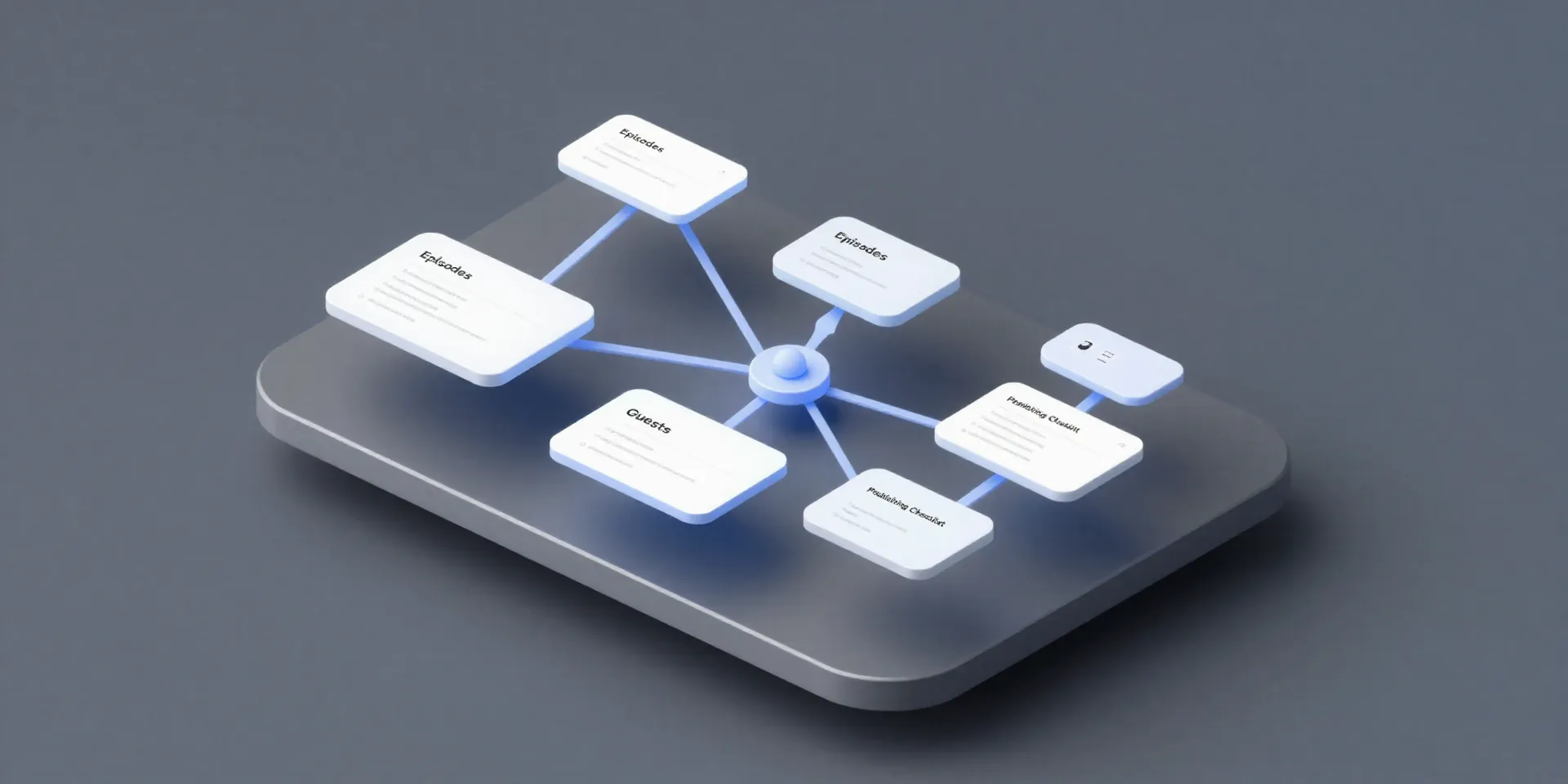 Isometric 3D view of a minimalist Airtable base interface hovering over a stylized studio. Tables like 'Episodes', 'Guests', 'Publishing Checklist' are glowing with connections. Clean, digital art style.