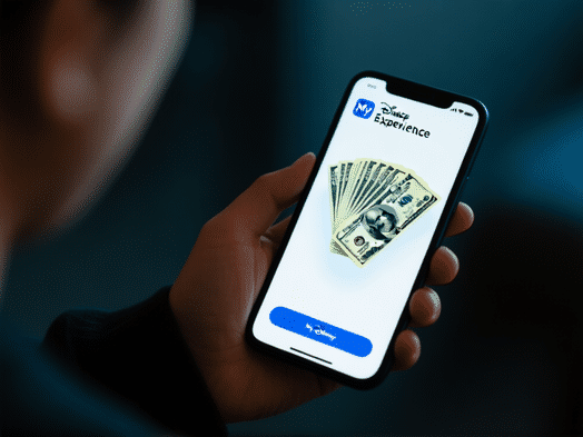 A person holding a smartphone showing the My Disney Experience app, a translucent stack of cash fanned out over the screen