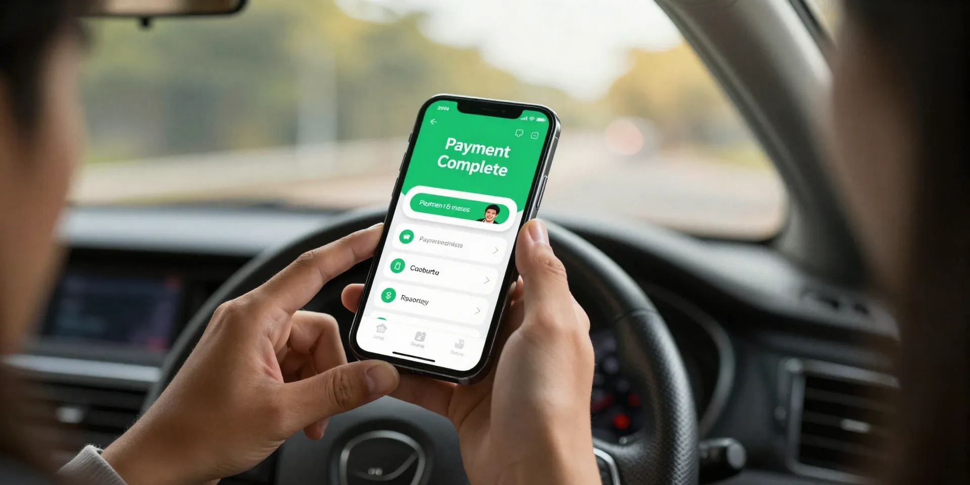 Midjourney prompt: close-up shot from a car passenger seat perspective, hand tapping a smartphone to pay in-app as a Grab driver smiles in the rearview mirror, warm afternoon light streaming through the window, focus on the phone screen showing 'Payment Complete' --ar 16:9 --v 6.0