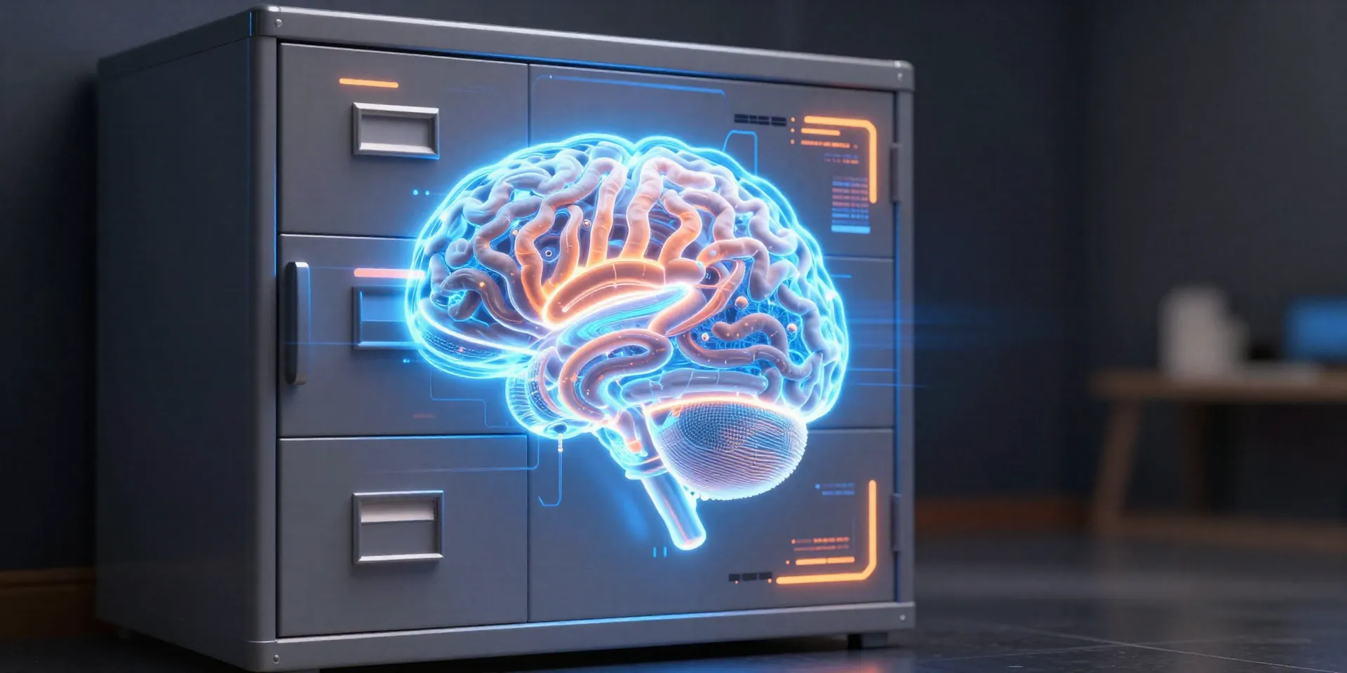 A glowing, futuristic filing cabinet morphing into a digital holographic brain, neon blue and orange accents, cyberpunk aesthetic, high detail --ar 16:9