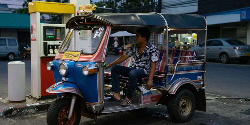A dilapidated tuk-tuk parked at a gritty Bangkok gas station at dusk, driver leaning on the handlebars looking back at the passenger, moody cinematic lighting, ultra-realistic --ar 16:9