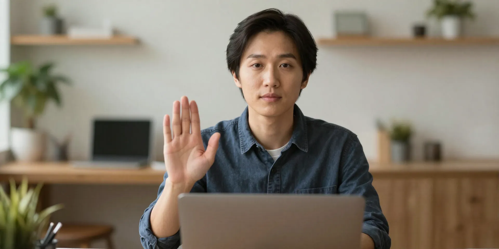 Confident person speaking calmly into a laptop camera, a serene, slightly blurred home office behind them. Their hand