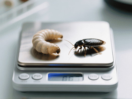Direct comparison: a plump, pale mealworm and a firm, dubia roach side-by-side on a digital kitchen scale. scientific
